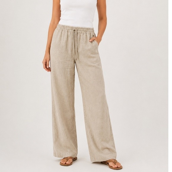 Tommy Bahama Pants - Tommy Bahama Womens Small Beige Linen Wide Leg Drawstring Elastic Waist Pants